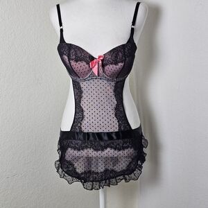 Victoria’s Secret Black Lace Sheer Polka Dot Babydoll Chemise Pink Bow 36C